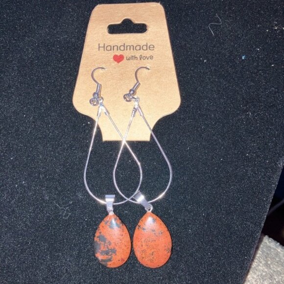 NWOT Handmade Mahogany Obsidian teardrop silver fishhook earrings.  4” long - Picture 2 of 2